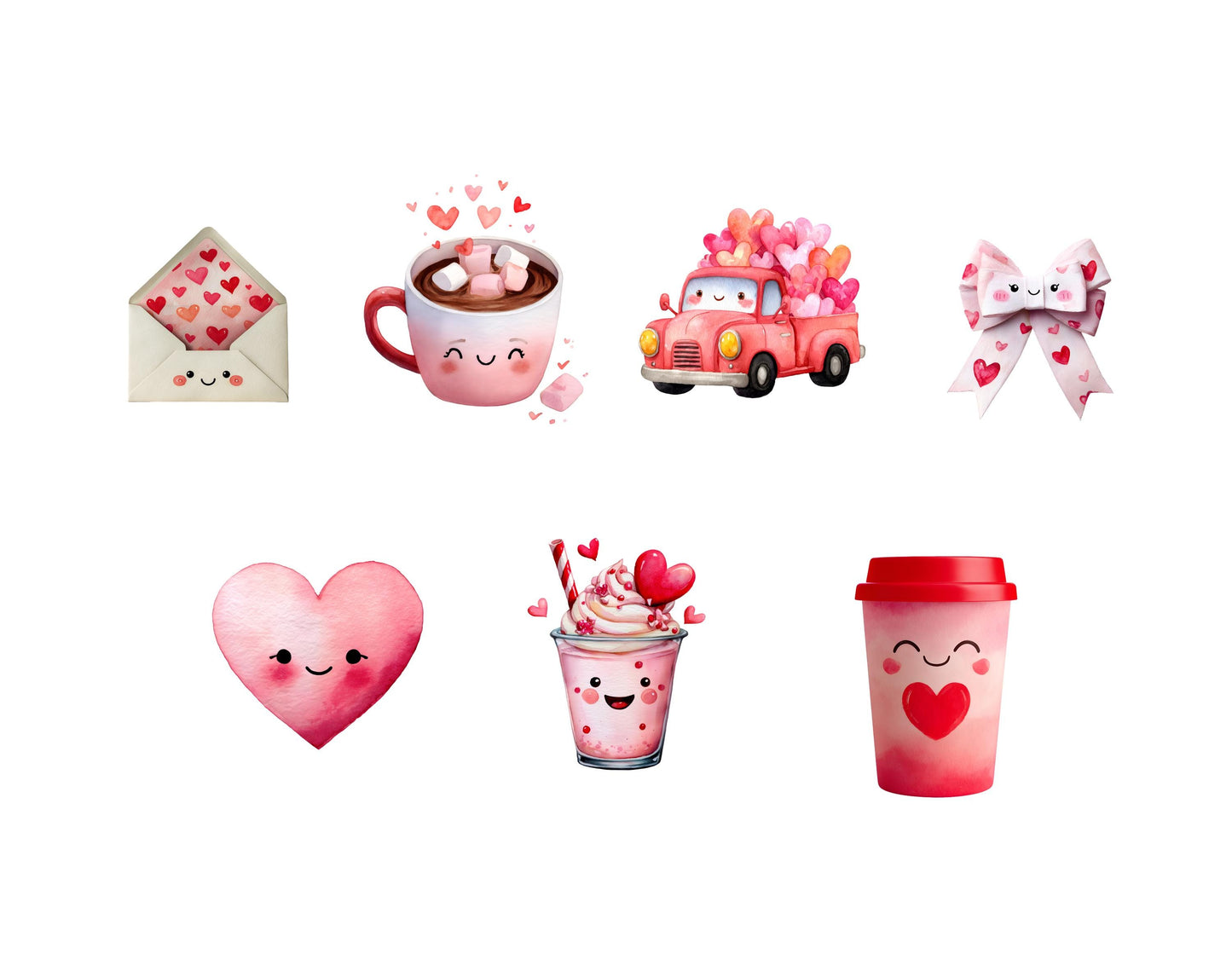 Cute Valentine Clipart Bundle, Kawaii Valentine png, Valentine's Day Clipart, Kids Clipart, Kawaii png, Watercolor Valentine png