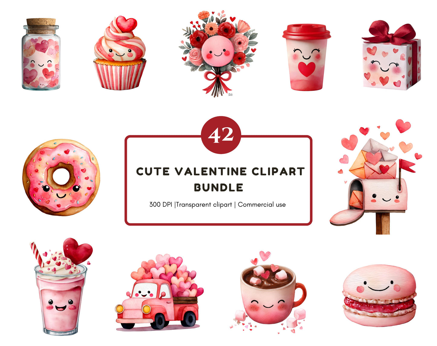 Cute Valentine Clipart Bundle, Kawaii Valentine png, Valentine's Day Clipart, Kids Clipart, Kawaii png, Watercolor Valentine png