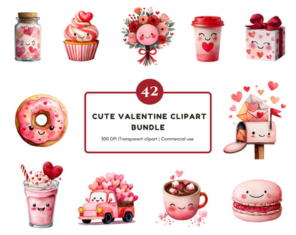 Cute Valentine Clipart Bundle, Kawaii Valentine png, Valentine's Day Clipart, Kids Clipart, Kawaii png, Watercolor Valentine png