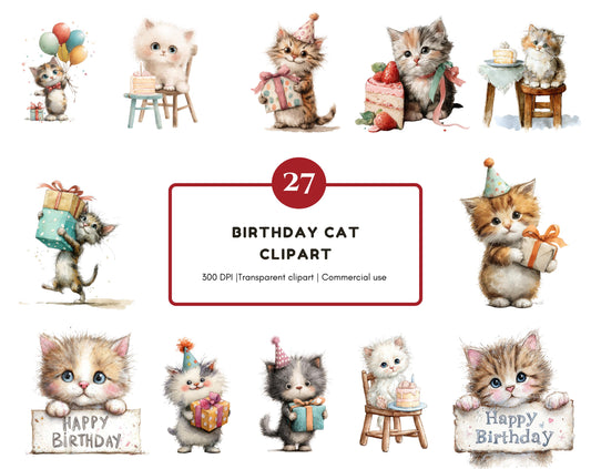 27 Birthday Cat Clipart Set, Watercolor cute Kitten Birthday, Balloons And Cakes, Cute Cat Birthday Celebration Clipart, High Quality png