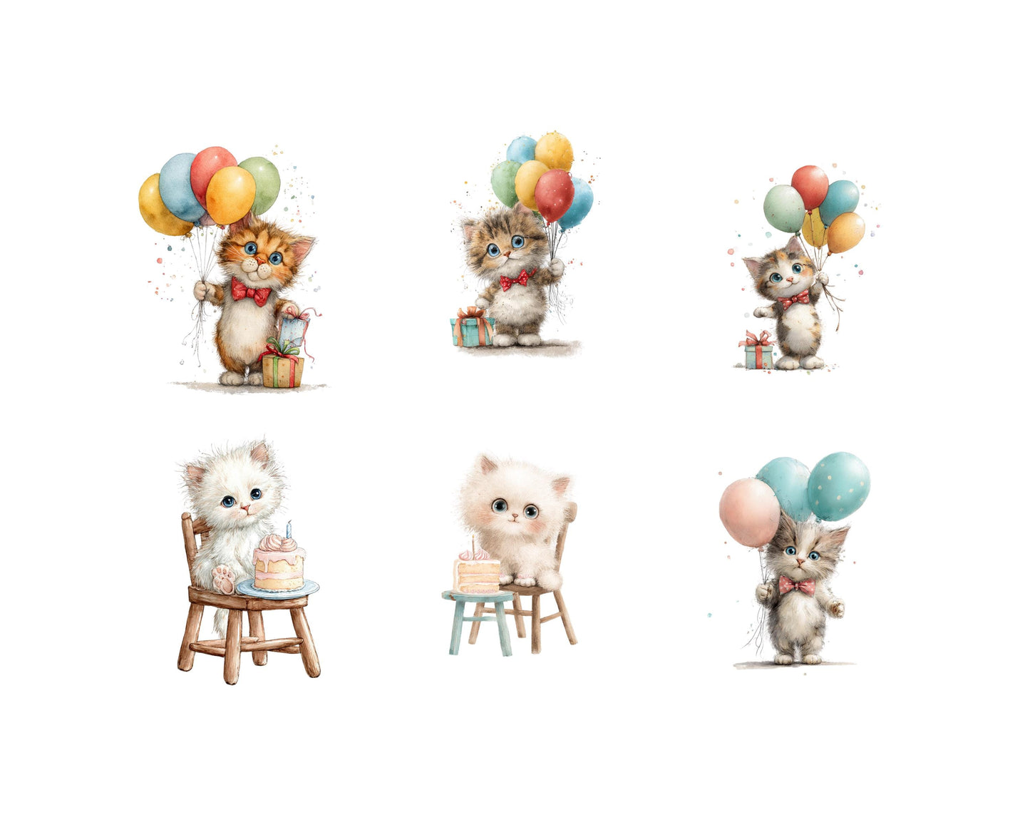 27 Birthday Cat Clipart Set, Watercolor cute Kitten Birthday, Balloons And Cakes, Cute Cat Birthday Celebration Clipart, High Quality png