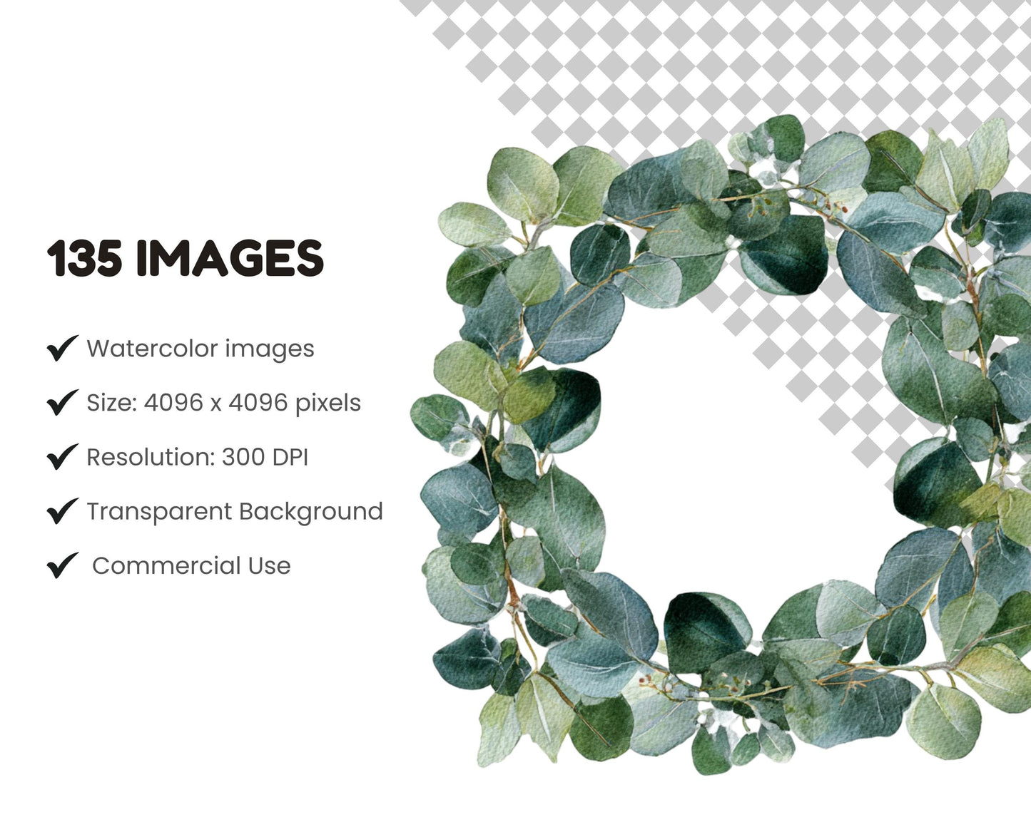 135 Eucalyptus Leaves Clipart Bundle, Watercolor Eucalyptus Leaf Clipart png, Green Leaf, Greenery Clipart, Botanical png, Wedding Clipart