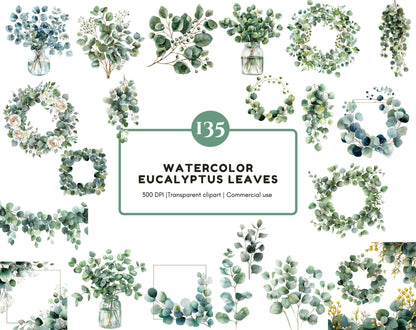 135 Eucalyptus Leaves Clipart Bundle, Watercolor Eucalyptus Leaf Clipart png, Green Leaf, Greenery Clipart, Botanical png, Wedding Clipart