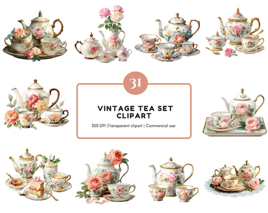 31 Vintage Tea Set Clipart, Watercolor Floral Tea Set Clipart Bundle, Floral Porcelain Set png, Hight Quality PNGs, Paper Craft, Journals
