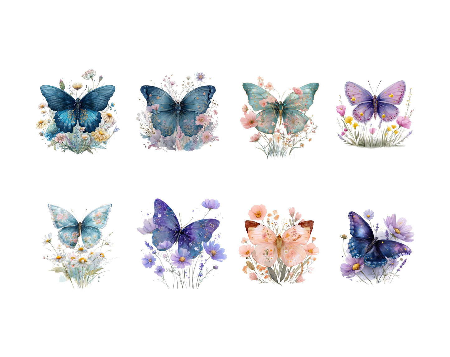 25 Schmetterlinge in Blumen Clipart-Set, Wildblumen-Schmetterlinge Clipart, druckbare Aquarell-Schmetterlinge, hochauflösende PNGs, Papierbastelvorlage