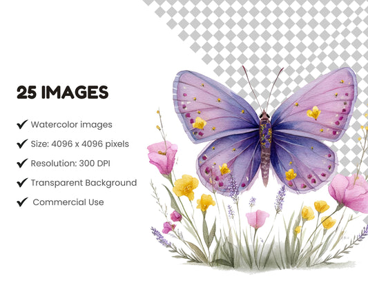 25 Butterfly In Flowers Clipart Set, Wildflowers Butterflies Clipart, Printable Watercolor Floral Butterfly, High Quality PNGs, Paper Craft