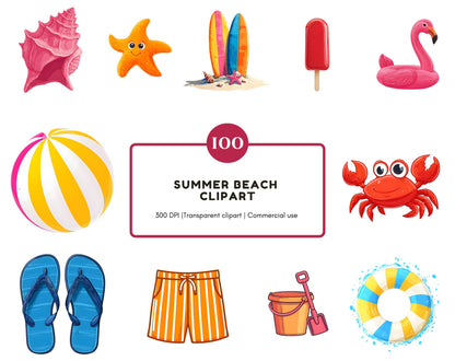 100 Summer Beach Clipart Bundle, Watercolor Beach Party Clipart, Tropical Beach Elements png, Pool Party Clipart, Beach png, Fun Beach png