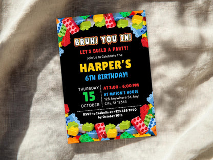 Bearbeitbare Geburtstagseinladung mit Bausteinen-Motiv, Einladung zur Baustein-Mottoparty, Einladungsvorlage, Canva-Vorlage, digitaler Download