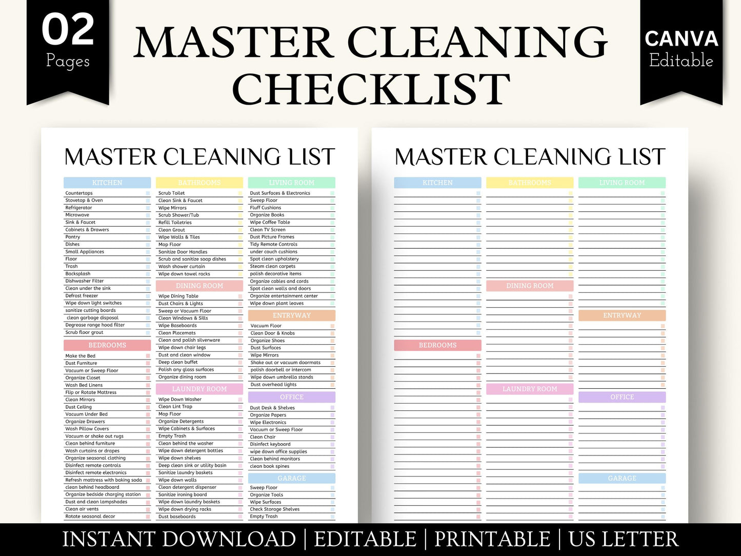 Master Cleaning Checklist Pastel, Room-by-Room House Schedule, Editable in Canva, A4, A5, US Letter