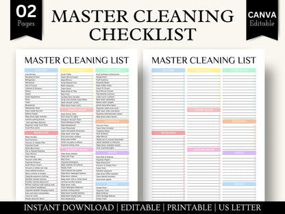 Master Cleaning Checklist Pastel, Room-by-Room House Schedule, Editable in Canva, A4, A5, US Letter