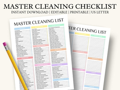 Master Cleaning Checklist Pastel, Room-by-Room House Schedule, Editable in Canva, A4, A5, US Letter