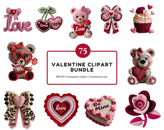 75 Valentine Clipart Bundle, Teddy Bear Valentine PNG, Be Mine Valentine Teddy Bear Crochet Knit Valentine's Day Clipart png, Love xoxo png