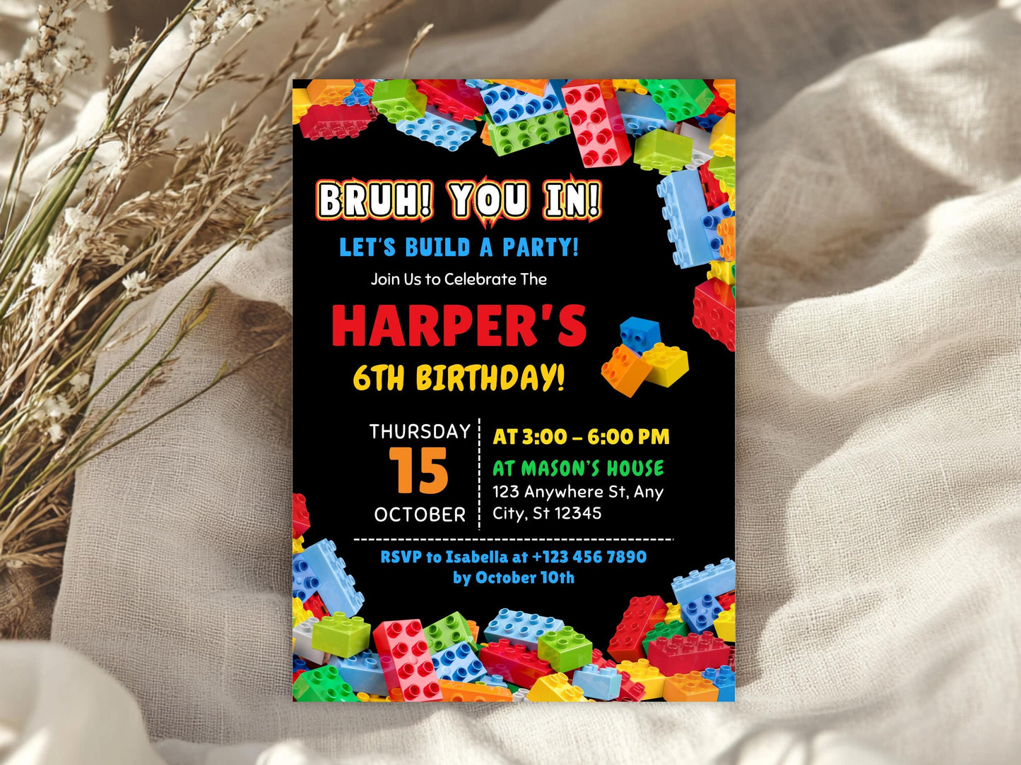 Building blocks Birthday Invitation, Colorful Kids Birthday Party Invite, Editable Invitation, Canva Template, Digital Download