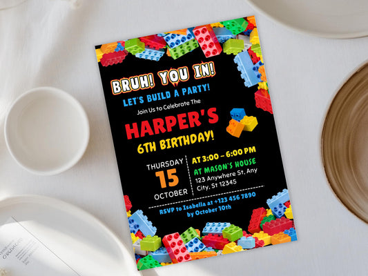 Building blocks Birthday Invitation, Colorful Kids Birthday Party Invite, Editable Invitation, Canva Template, Digital Download