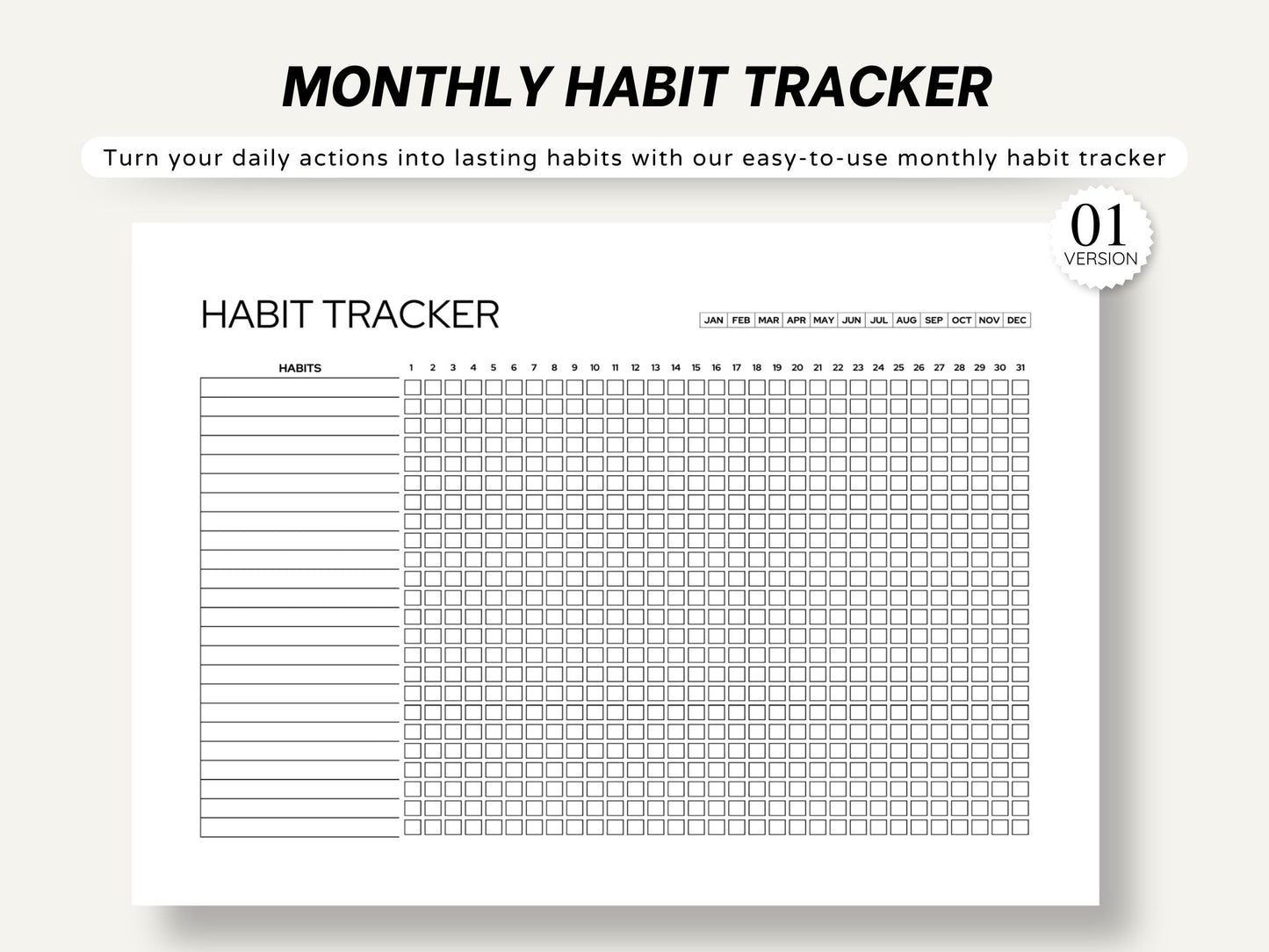 Minimalist Habit Tracker Printable Undated Monthly Log 30/31 Day Chart Productivity Planner Insert A4/A5