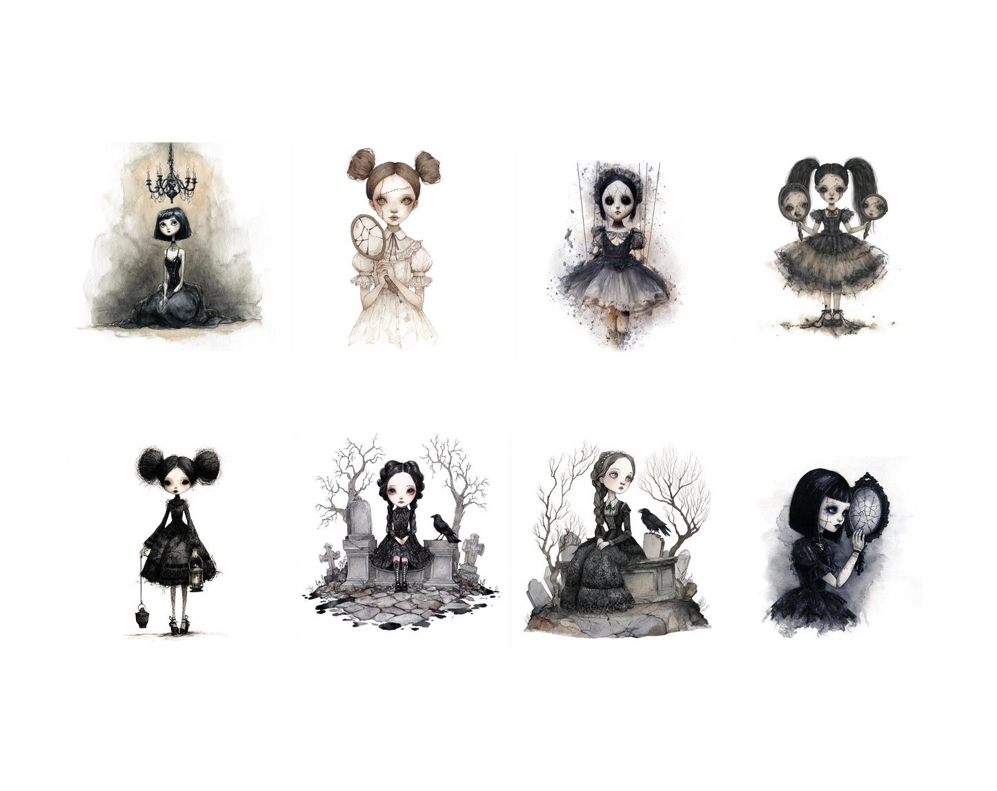 Vintage-Gruselpuppen-Clipart-Bundle, Gothic-Gruselpuppen-Clipart im Vintage-Stil, Gruselpuppen-PNG, Gothic-Clipart, Kommerzielle Nutzung, Digitaler Download