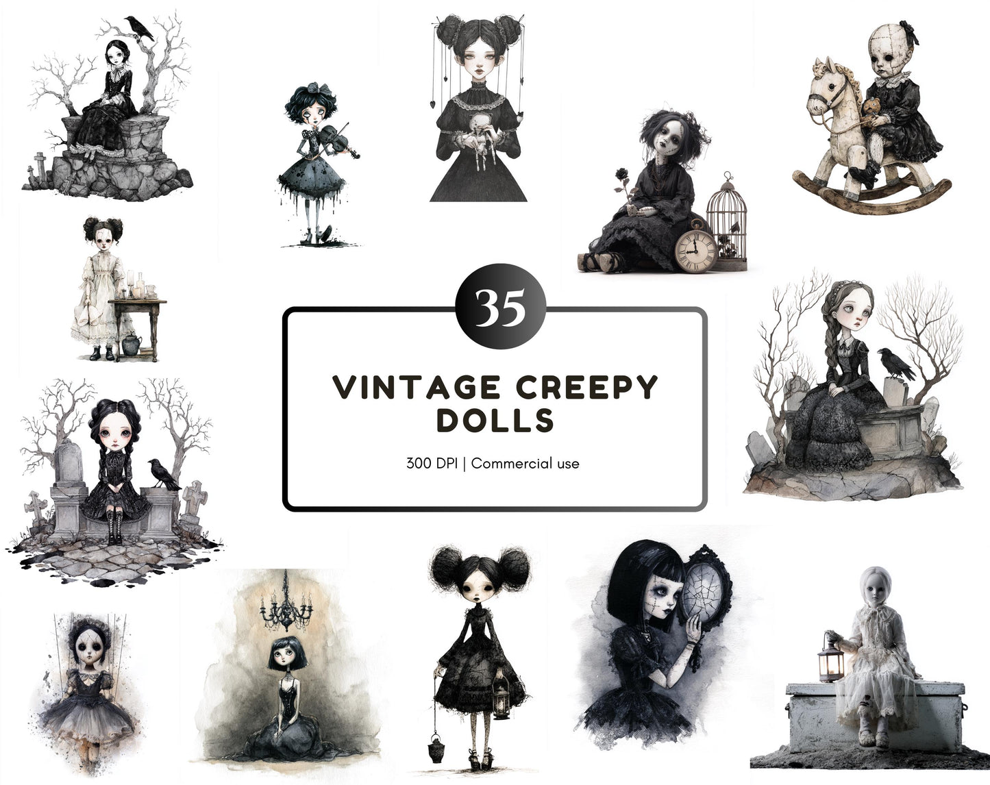 Vintage-Gruselpuppen-Clipart-Bundle, Gothic-Gruselpuppen-Clipart im Vintage-Stil, Gruselpuppen-PNG, Gothic-Clipart, Kommerzielle Nutzung, Digitaler Download
