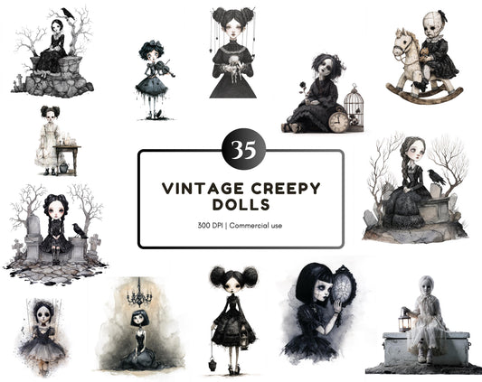 Vintage Creepy Doll Clipart Bundle, Gothic Vintage Creepy Dolls Clipart, Creepy Doll png, Gothic Clipart, Commercial Use, Digital Download
