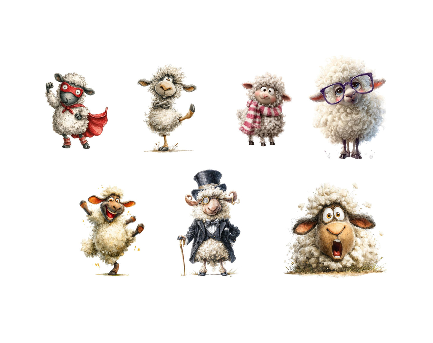 25 witzige Schaf-Cliparts im Paket, Aquarell-Schaf-PNG-Set, lustige Schaf-Cliparts, niedliche Schaf-PNGs, Tier-Cliparts, Kartenbasteln