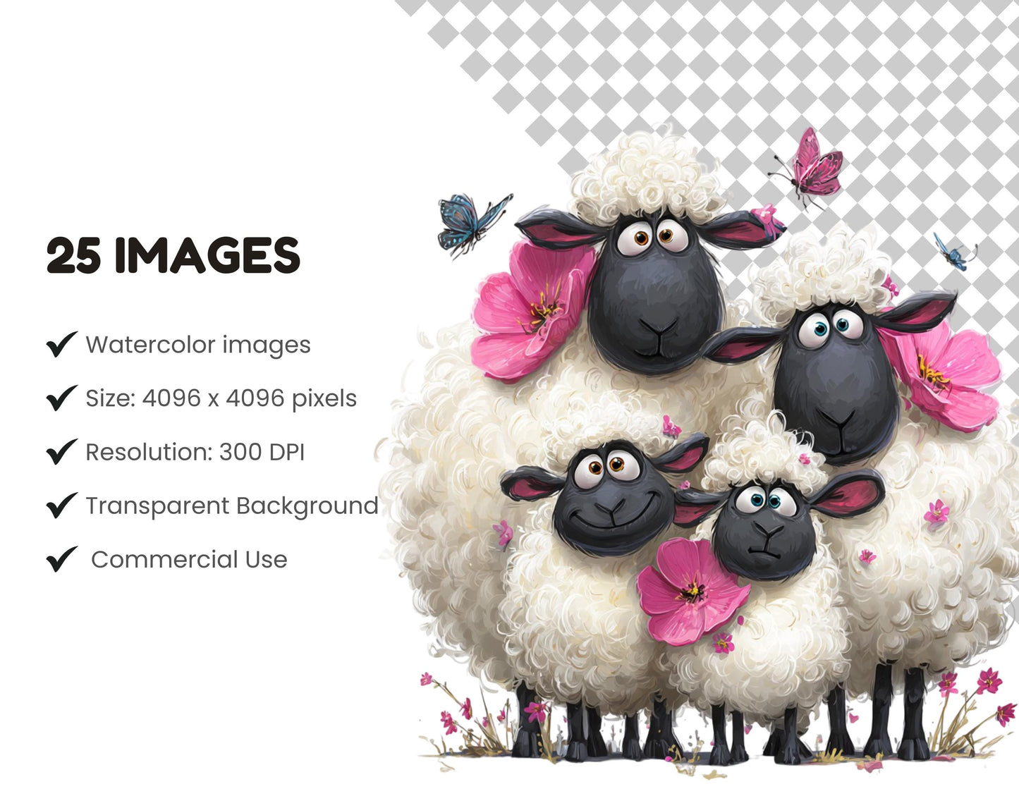 25 witzige Schaf-Cliparts im Paket, Aquarell-Schaf-PNG-Set, lustige Schaf-Cliparts, niedliche Schaf-PNGs, Tier-Cliparts, Kartenbasteln