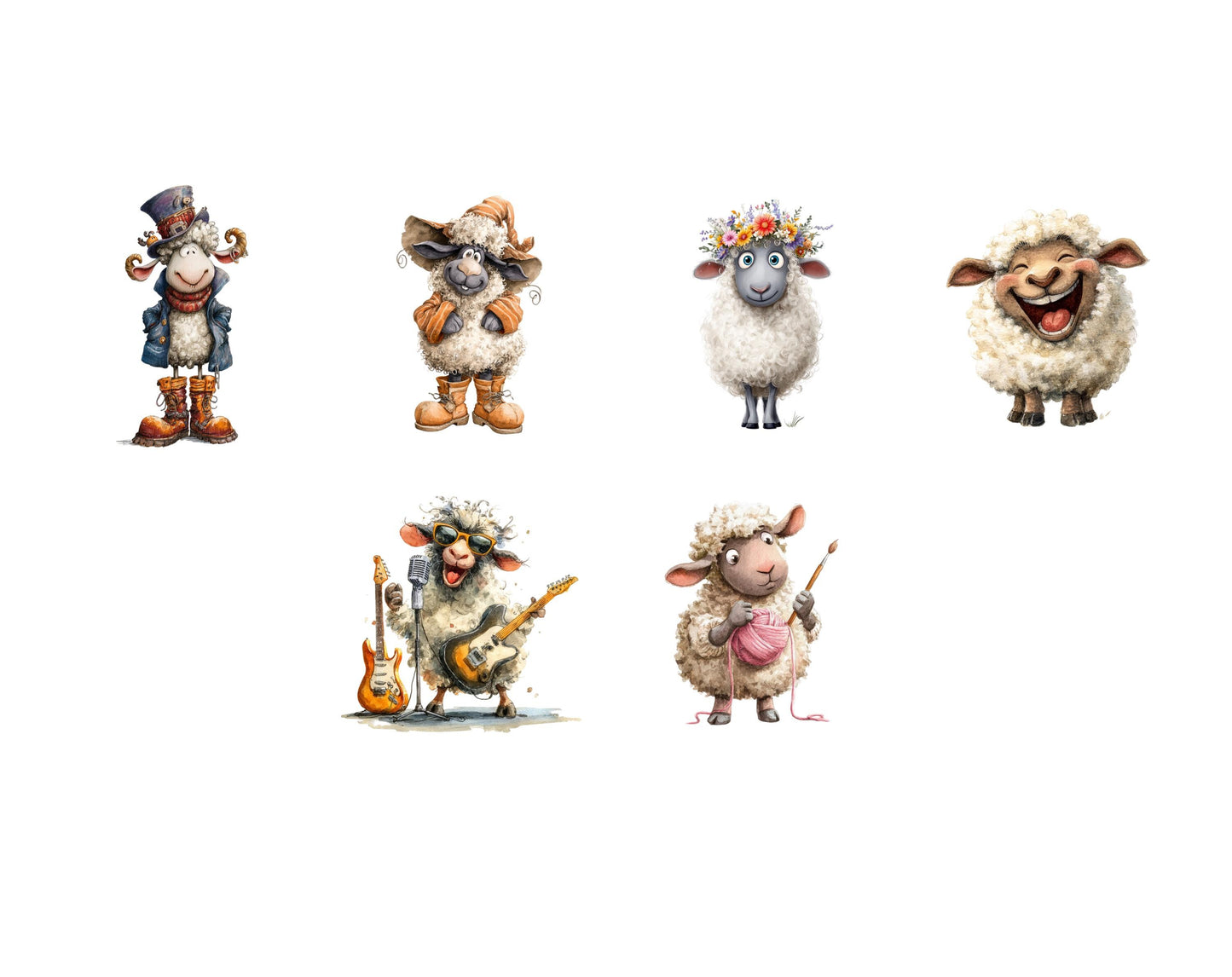 25 witzige Schaf-Cliparts im Paket, Aquarell-Schaf-PNG-Set, lustige Schaf-Cliparts, niedliche Schaf-PNGs, Tier-Cliparts, Kartenbasteln
