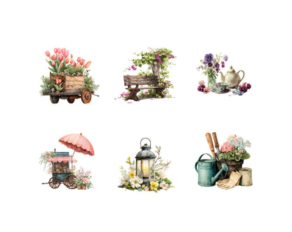100+ Spring Clipart Bundle, Watercolor Spring Floral Clipart, Birdhouse, Bicycle And Blooming Flowers Clipart, Gardening And Rustic Clipart