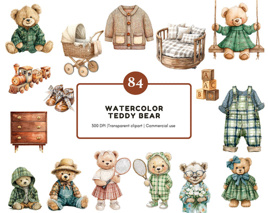 84 Classic Teddy Bear Clipart Bundle, Cute Little Teddy Bear Clipart, Kids Nursery Clipart, Vintage Toys png, Baby Shower Decor