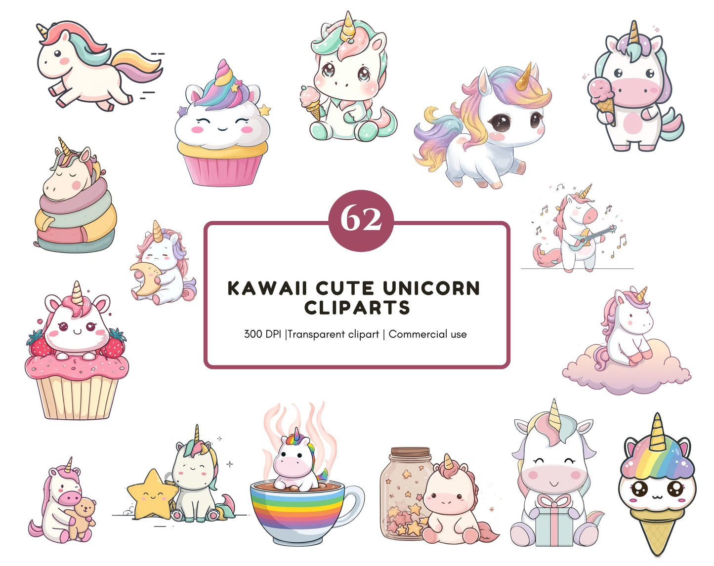 Kawaii Unicorn Clipart Bundle png, Cute Unicorn Clipart, Little Pastel Unicorns, Nursery Art,  Magic Horse png, Kawaii Rainbow Unicorn png