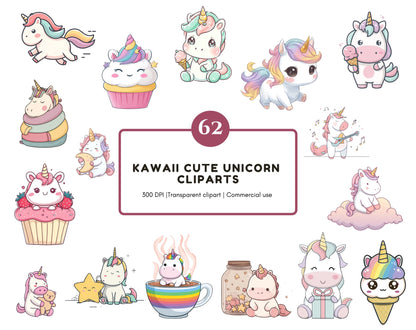 Kawaii Unicorn Clipart Bundle png, Cute Unicorn Clipart, Little Pastel Unicorns, Nursery Art,  Magic Horse png, Kawaii Rainbow Unicorn png