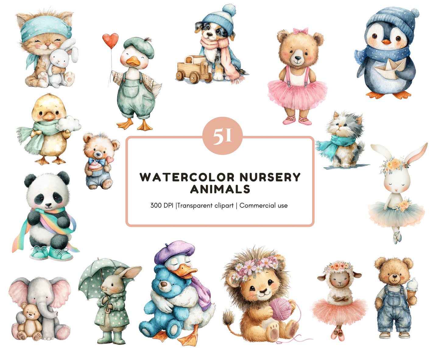 51 Nursery Animals Clipart Bundle, Watercolor Baby Animals png, Baby Bear, Sheep, Adorable Woodland And Farm Animals Clipart, Nursery Art