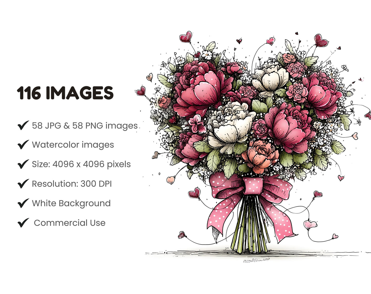 58 Whimsical Valentine's Day Clipart Bundle, Watercolor Valentine PNG & JPG, Sweet Graphics, Paper Craft, Commercial Use, Instant Download