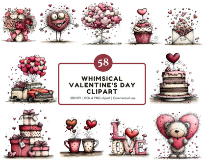 58 Whimsical Valentine's Day Clipart Bundle, Watercolor Valentine PNG & JPG, Sweet Graphics, Paper Craft, Commercial Use, Instant Download