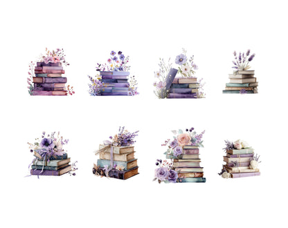 Floral Book Clipart Set, Watercolor Flower Book Clipart, Lilac Floral Clipart, Wildflower Book png, Printable Book Lover png, Boho Floral