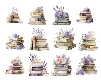 Floral Book Clipart Set, Watercolor Flower Book Clipart, Lilac Floral Clipart, Wildflower Book png, Printable Book Lover png, Boho Floral