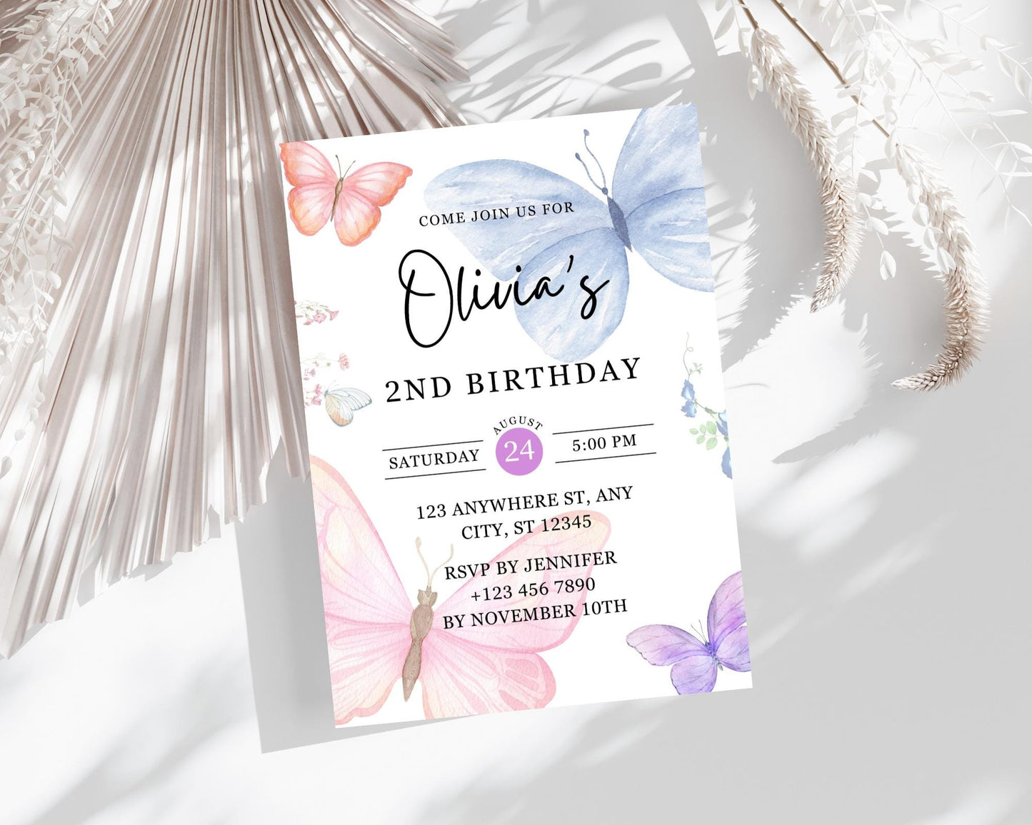 Invitation d'anniversaire papillon, Invitation d'anniversaire papillon pastel, Fête d'anniversaire papillon pour fille, Modèle Canva modifiable, Téléchargement instantané