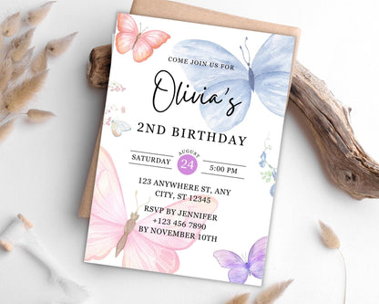 Invitation d'anniversaire papillon, Invitation d'anniversaire papillon pastel, Fête d'anniversaire papillon pour fille, Modèle Canva modifiable, Téléchargement instantané