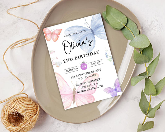 Butterfly Birthday Invitation, Pastel Butterfly Birthday Invite, Girl Butterfly Party, Editable Canva Template, Instant Download