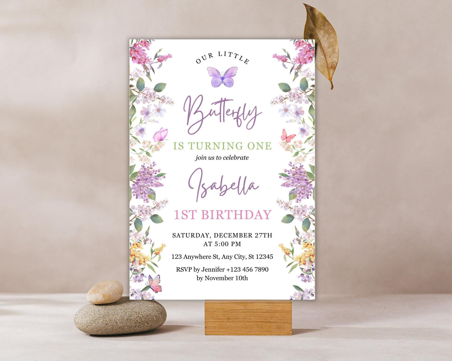 Invitation d'anniversaire papillon fleuri, invitation pour le 1er anniversaire sur le thème des papillons, fête d'anniversaire papillon pour fille, modèle Canva modifiable, téléchargement instantané