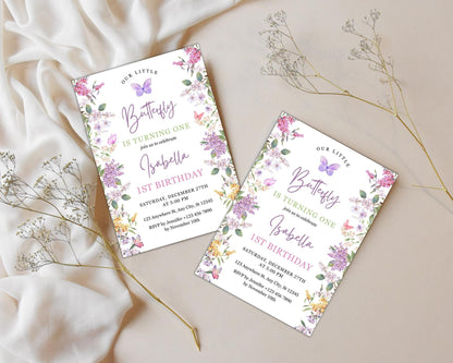 Invitation d'anniversaire papillon fleuri, invitation pour le 1er anniversaire sur le thème des papillons, fête d'anniversaire papillon pour fille, modèle Canva modifiable, téléchargement instantané