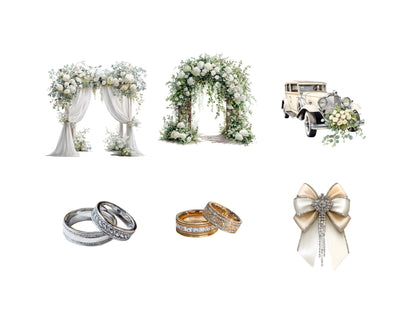 Elegant Wedding Clipart Bundle, White Wedding Clipart Set, Romantic Wedding Day, Bride, Groom, Venue Scenes, Printable Wedding Illustration