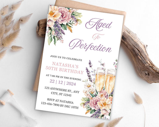 Wine Birthday Invitation Template, Floral Wine Party, Wine Girl Birthday Invite, Winery Celebration, Canva Editable, Instant Download