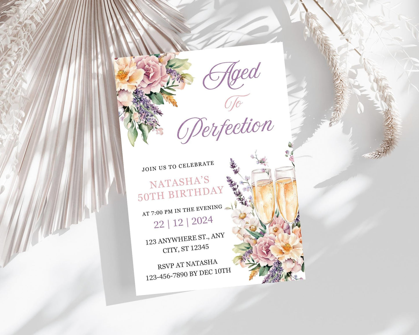 Wine Birthday Invitation Template, Floral Wine Party, Wine Girl Birthday Invite, Winery Celebration, Canva Editable, Instant Download