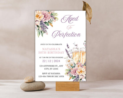 Wine Birthday Invitation Template, Floral Wine Party, Wine Girl Birthday Invite, Winery Celebration, Canva Editable, Instant Download