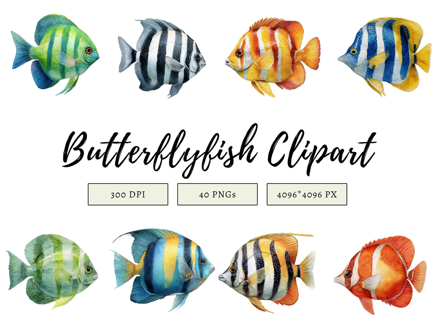 40 Schmetterlingsfisch-Cliparts, Aquarell-Fisch-Cliparts, tropische Fische (PNG), Meereslebewesen-Cliparts, hochauflösende transparente PNG-Dateien
