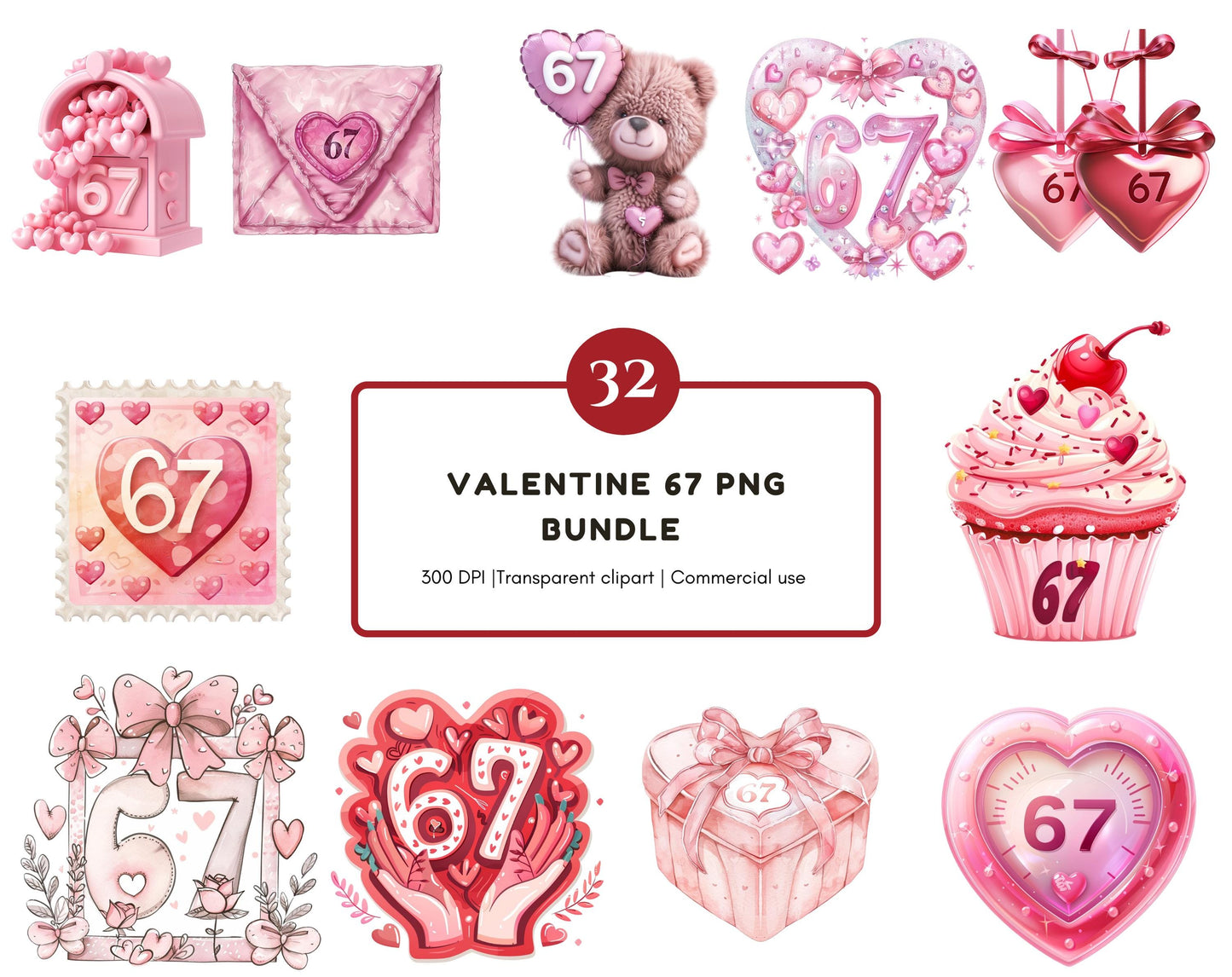 Valentine 67 Clipart Bundle, Preppy Love Xoxo Coquette Bow Clipart, Funny Valentine Sixty Seven Meme Clipart, Teddy Bear Trendy Shirt Design