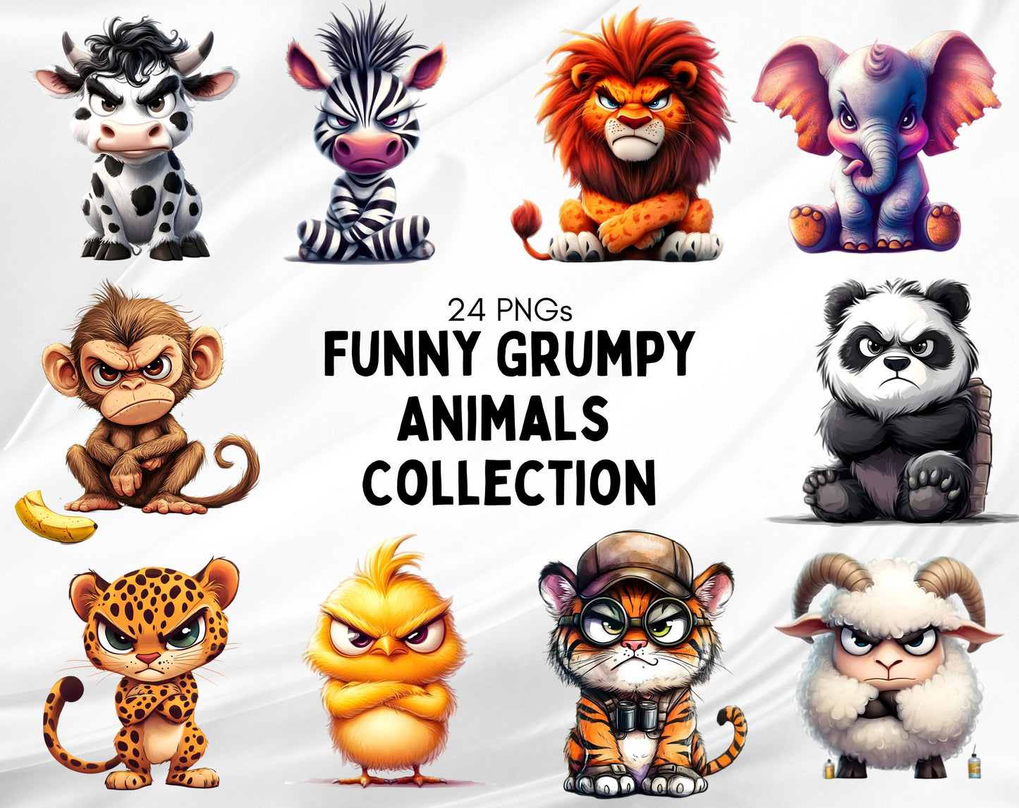 24 lustige Cliparts von mürrischen Tieren, Cliparts von mürrischen Safari-Tieren, Cartoon-Haustier-Print-Bundle, niedliche Tier-PNGs, Kinderzimmerdeko, kommerzielle Nutzung