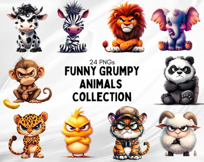 24 lustige Cliparts von mürrischen Tieren, Cliparts von mürrischen Safari-Tieren, Cartoon-Haustier-Print-Bundle, niedliche Tier-PNGs, Kinderzimmerdeko, kommerzielle Nutzung