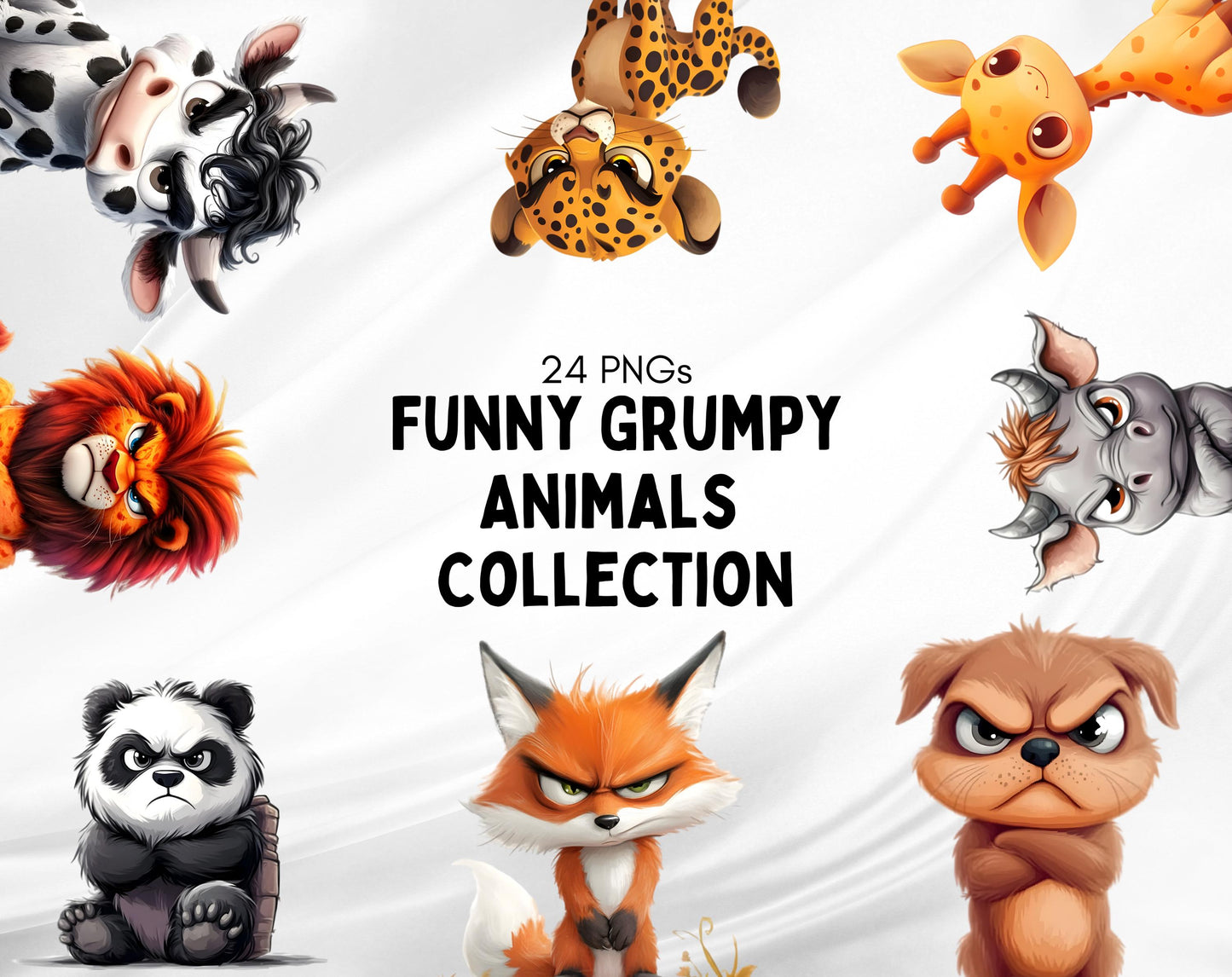 24 lustige Cliparts von mürrischen Tieren, Cliparts von mürrischen Safari-Tieren, Cartoon-Haustier-Print-Bundle, niedliche Tier-PNGs, Kinderzimmerdeko, kommerzielle Nutzung