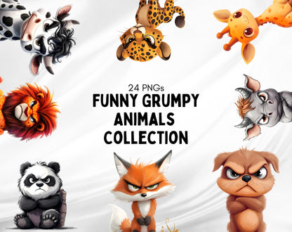 24 lustige Cliparts von mürrischen Tieren, Cliparts von mürrischen Safari-Tieren, Cartoon-Haustier-Print-Bundle, niedliche Tier-PNGs, Kinderzimmerdeko, kommerzielle Nutzung