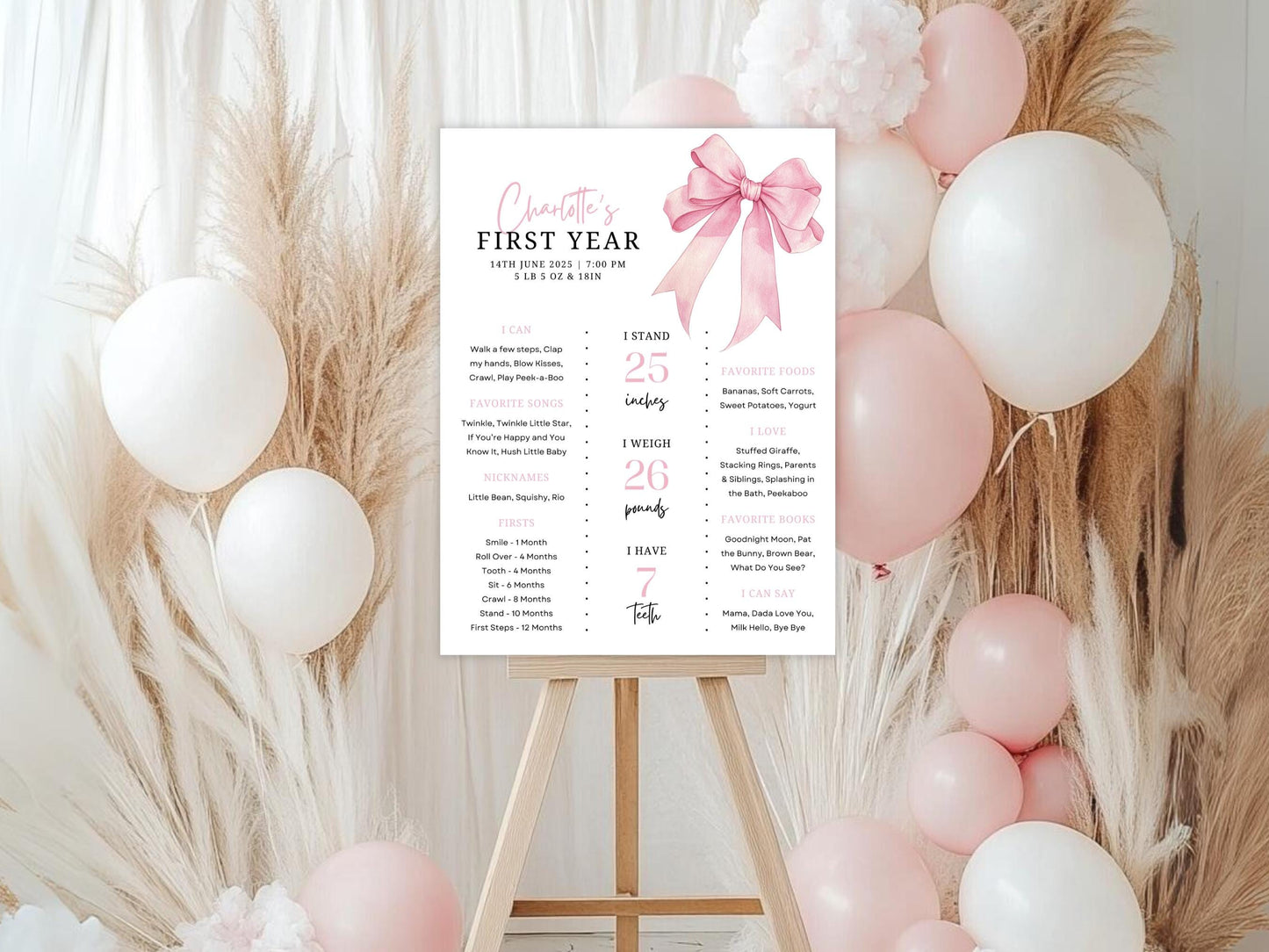 Pink Bow Milestone Board, Pink Coquette First Birthday Milestone Sign Editable, Pink Bow Girl 1st Year Milestone Poster, Instant Download
